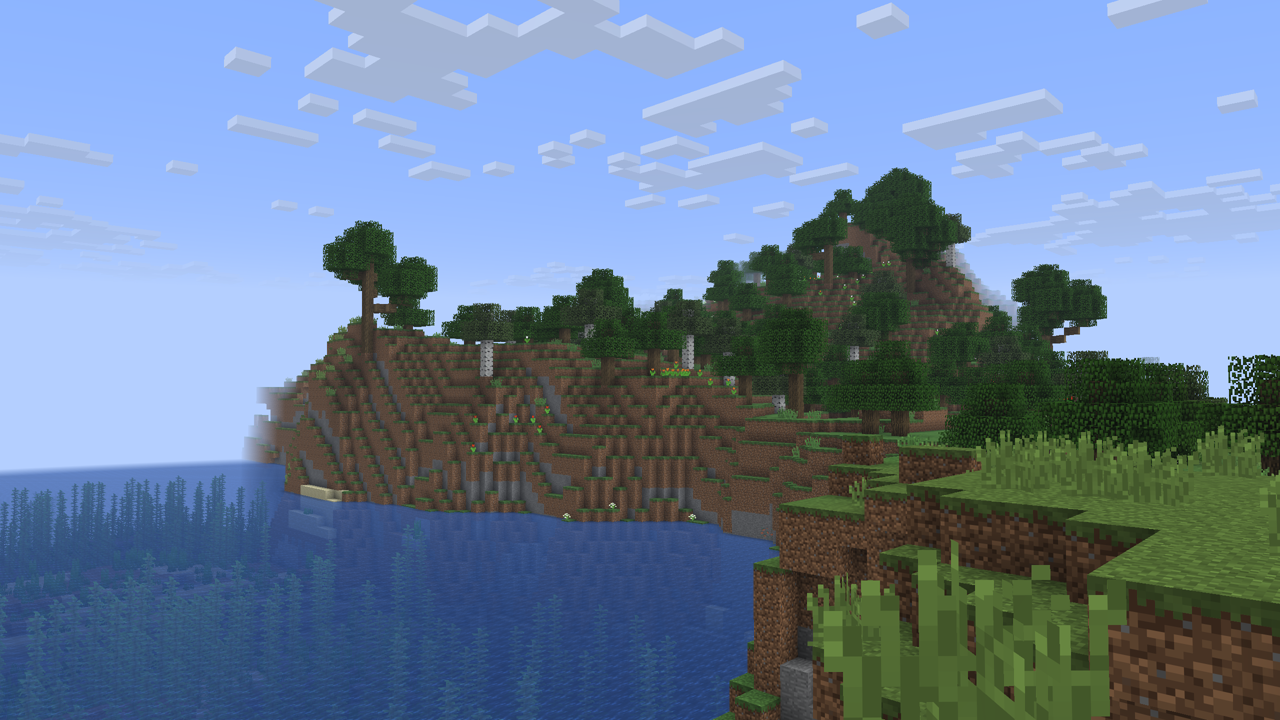 A screenshot of a hill beside an ocean in Minecraft